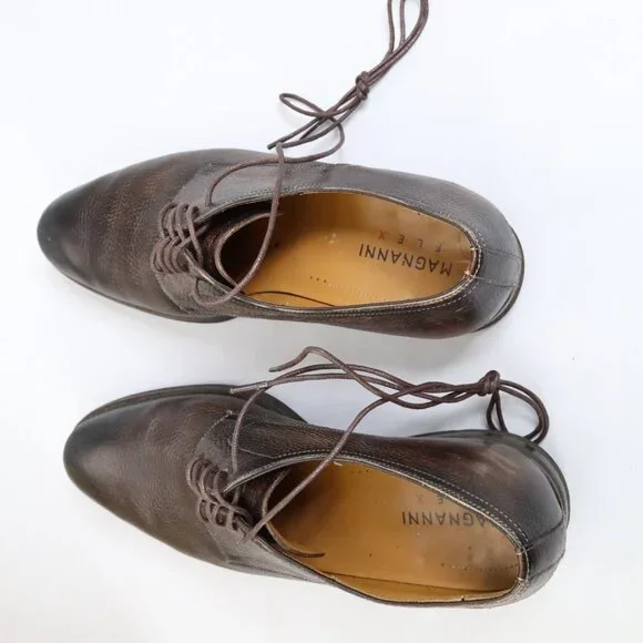 MAGNANNI FLEX Leather Brown Pebbled Leather Oxford Size‎ 9.5 M Spain LONG Laces